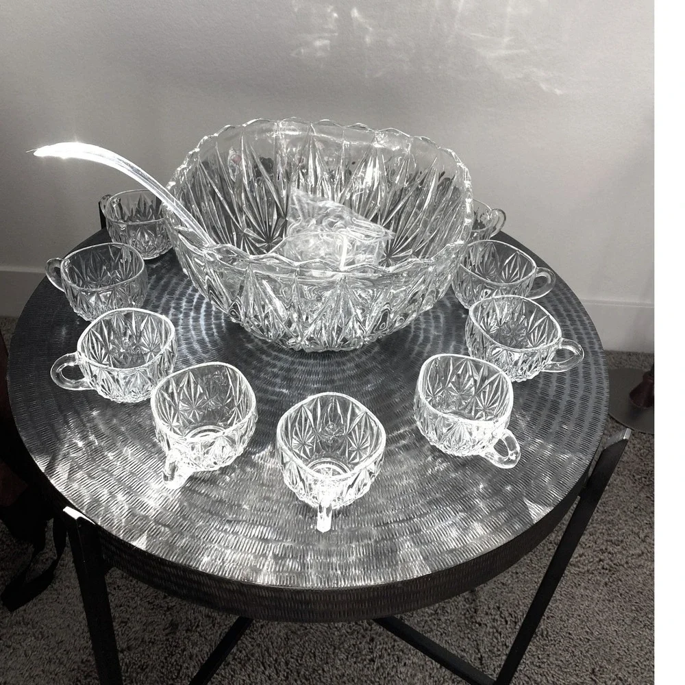 Williamsport  Vintage 12 Pc Prescut Crystal Punch Bowl Set w 10 Cups + Ladle
